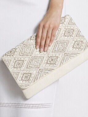Chico's Jasmine Ivory Beaded Clutch Shoulder Bag Purse Silver Chain Embellished